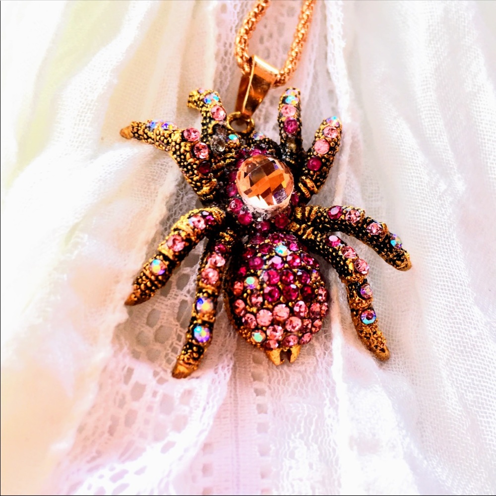 Bronze & Pink Crystal Spider Pendant Necklace, NWT